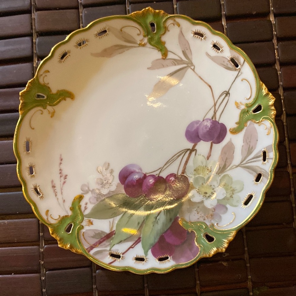 Antique Nymphenburg Reticulated Fruit Dessert Plate Porcelain 8 1/2” cherries